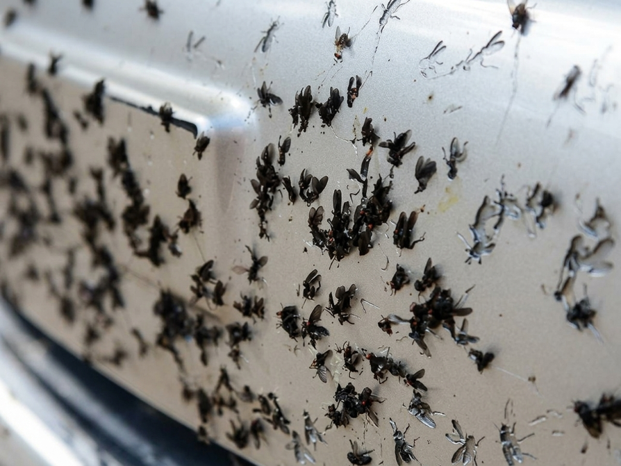 Front bumper of a car covered in dead lovebugs — what we wash off