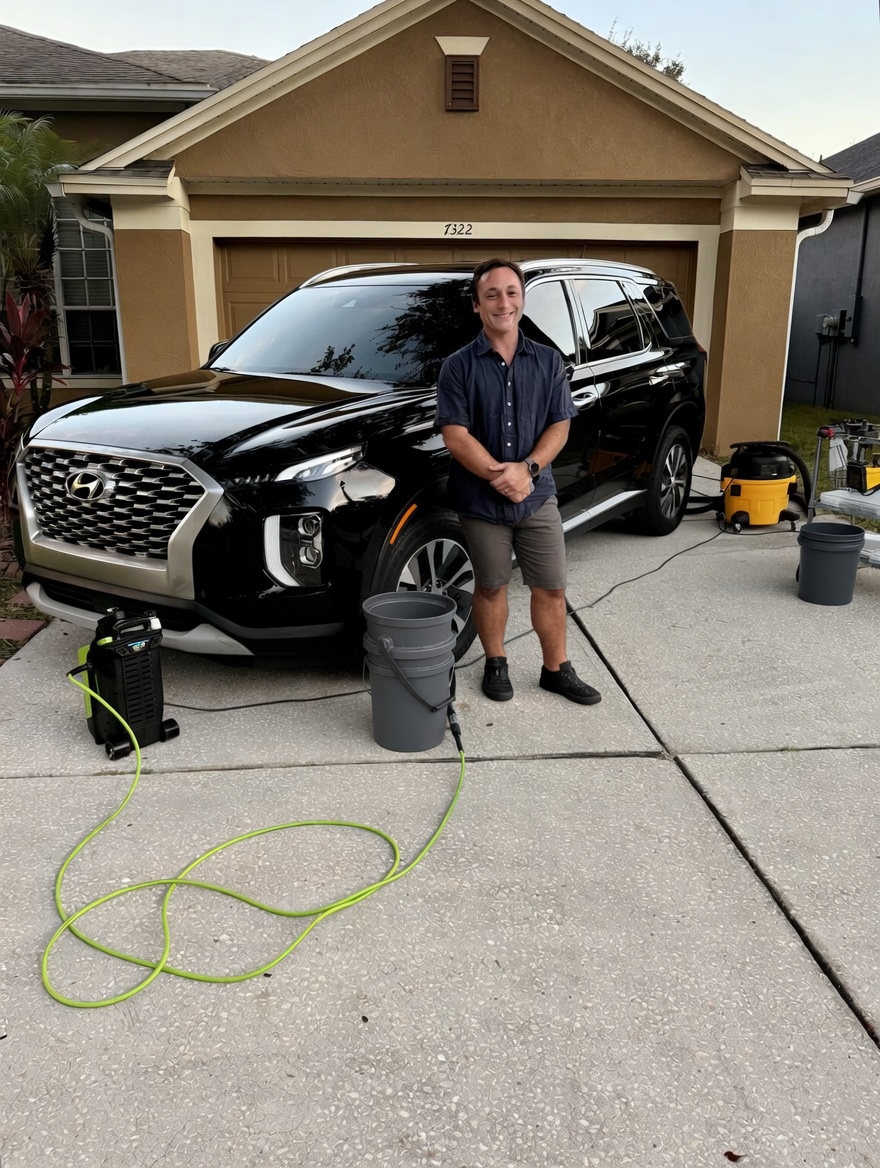 Constantine, owner of BayShine Detailing, in front of a customer's vehicle in Pasco County